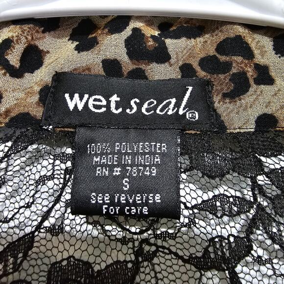 Wet Seal Chiffon Top Women's Small Leopard Print Sheer Lace Tie Front Vintage - Picture 4 of 5